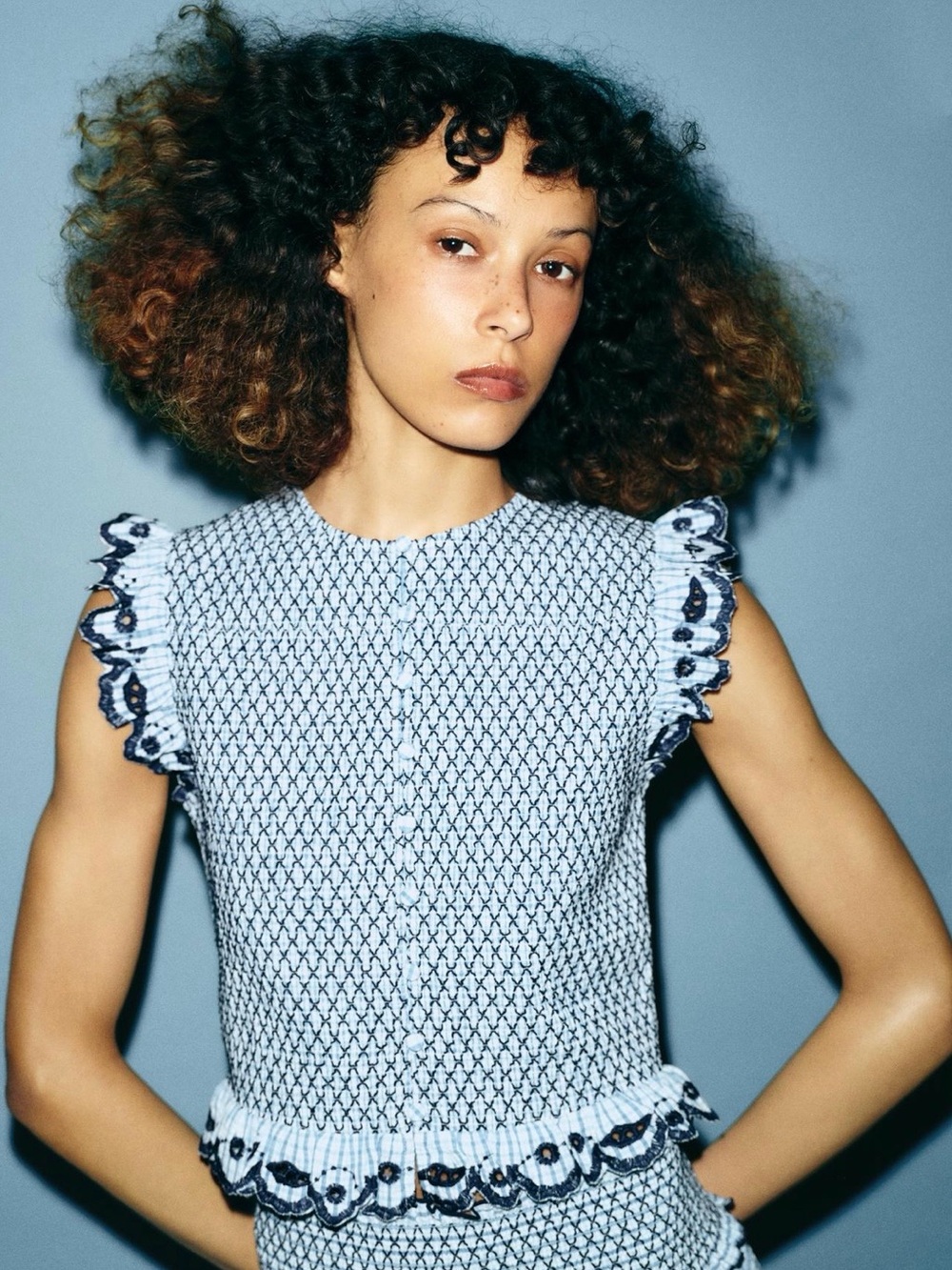 Zara Sleeveless Blue Patterned Knit Top with Ruffle Trim